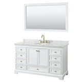 Wyndham Collection - Deborah 60 Inch Single Bathroom Vanity in White, White Carrara Marble Countertop, Undermount Oval Sink, Brushed Gold Trim, 58 Inch Mirror