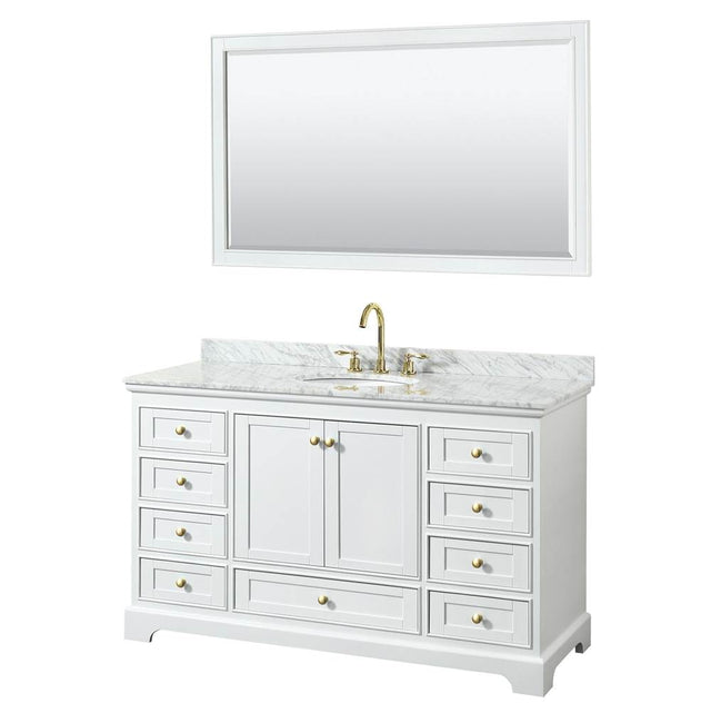 Wyndham Collection - Deborah 60 Inch Single Bathroom Vanity in White, White Carrara Marble Countertop, Undermount Oval Sink, Brushed Gold Trim, 58 Inch Mirror