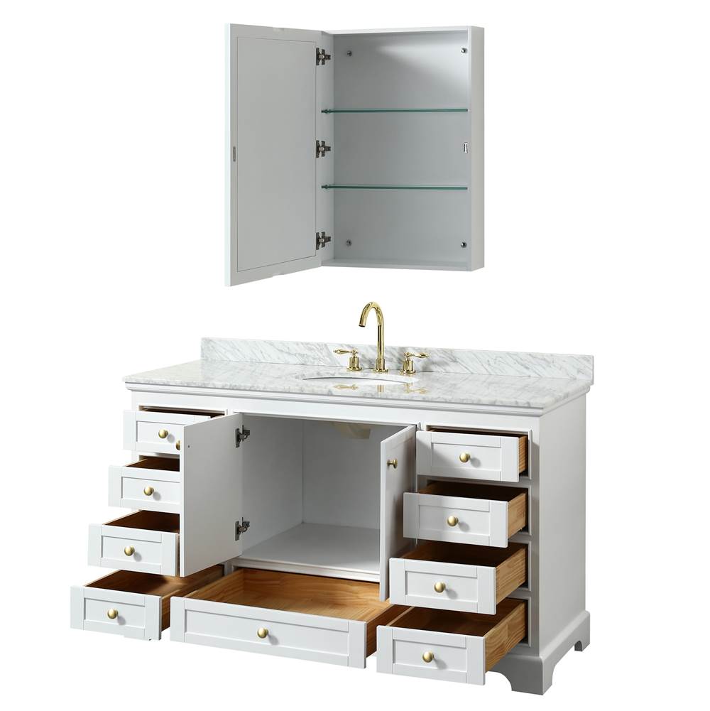 Deborah 60 Inch Single Bathroom Vanity in White, White Carrara Marble Countertop, Undermount Oval Sink, Brushed Gold Trim, Medicine Cabinet