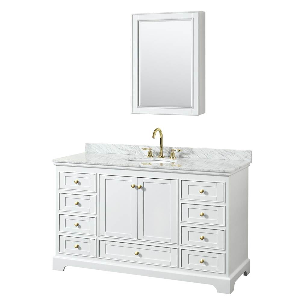 Wyndham Collection - Deborah 60 Inch Single Bathroom Vanity in White, White Carrara Marble Countertop, Undermount Oval Sink, Brushed Gold Trim, Medicine Cabinet