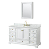 Wyndham Collection - Deborah 60 Inch Single Bathroom Vanity in White, White Carrara Marble Countertop, Undermount Oval Sink, Brushed Gold Trim, Medicine Cabinet