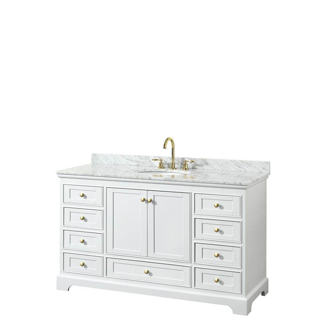 Wyndham Collection - Deborah 60 Inch Single Bathroom Vanity in White, White Carrara Marble Countertop, Undermount Oval Sink, Brushed Gold Trim, No Mirror