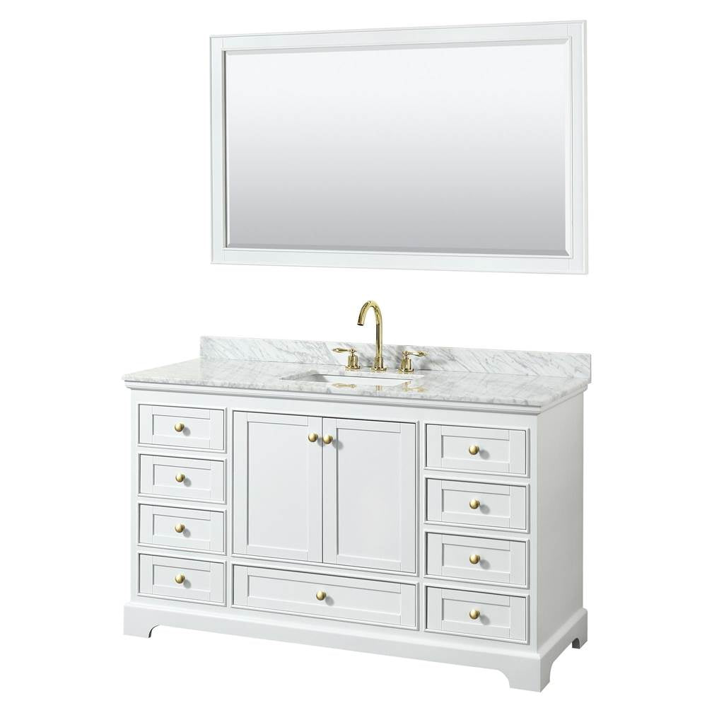 Wyndham Collection - Deborah 60 Inch Single Bathroom Vanity in White, White Carrara Marble Countertop, Undermount Square Sink, Brushed Gold Trim, 58 Inch Mirror