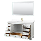 Deborah 60 Inch Single Bathroom Vanity in White, White Cultured Marble Countertop, Undermount Square Sink, Brushed Gold Trim, 58 Inch Mirror