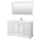 Wyndham Collection - Deborah 60 Inch Single Bathroom Vanity in White, White Cultured Marble Countertop, Undermount Square Sink, Brushed Gold Trim, 58 Inch Mirror