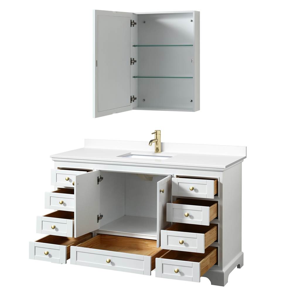 Deborah 60 Inch Single Bathroom Vanity in White, White Cultured Marble Countertop, Undermount Square Sink, Brushed Gold Trim, Medicine Cabinet