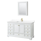 Wyndham Collection - Deborah 60 Inch Single Bathroom Vanity in White, White Cultured Marble Countertop, Undermount Square Sink, Brushed Gold Trim, Medicine Cabinet