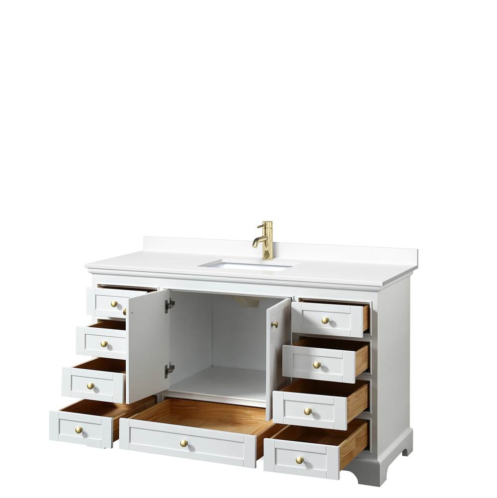 Deborah 60 Inch Single Bathroom Vanity in White, White Cultured Marble Countertop, Undermount Square Sink, Brushed Gold Trim, No Mirror