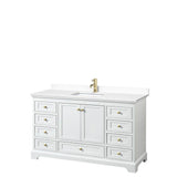 Wyndham Collection - Deborah 60 Inch Single Bathroom Vanity in White, White Cultured Marble Countertop, Undermount Square Sink, Brushed Gold Trim, No Mirror