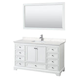 Wyndham Collection - Deborah 60 Inch Single Bathroom Vanity in White, Carrara Cultured Marble Countertop, Undermount Square Sink, 58 Inch Mirror