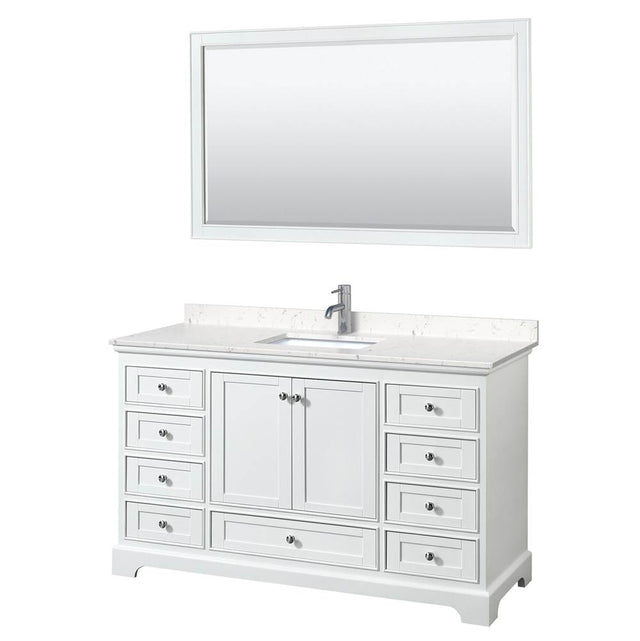 Wyndham Collection - Deborah 60 Inch Single Bathroom Vanity in White, Carrara Cultured Marble Countertop, Undermount Square Sink, 58 Inch Mirror