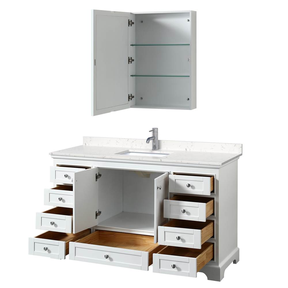 Deborah 60 Inch Single Bathroom Vanity in White, Carrara Cultured Marble Countertop, Undermount Square Sink, Medicine Cabinet