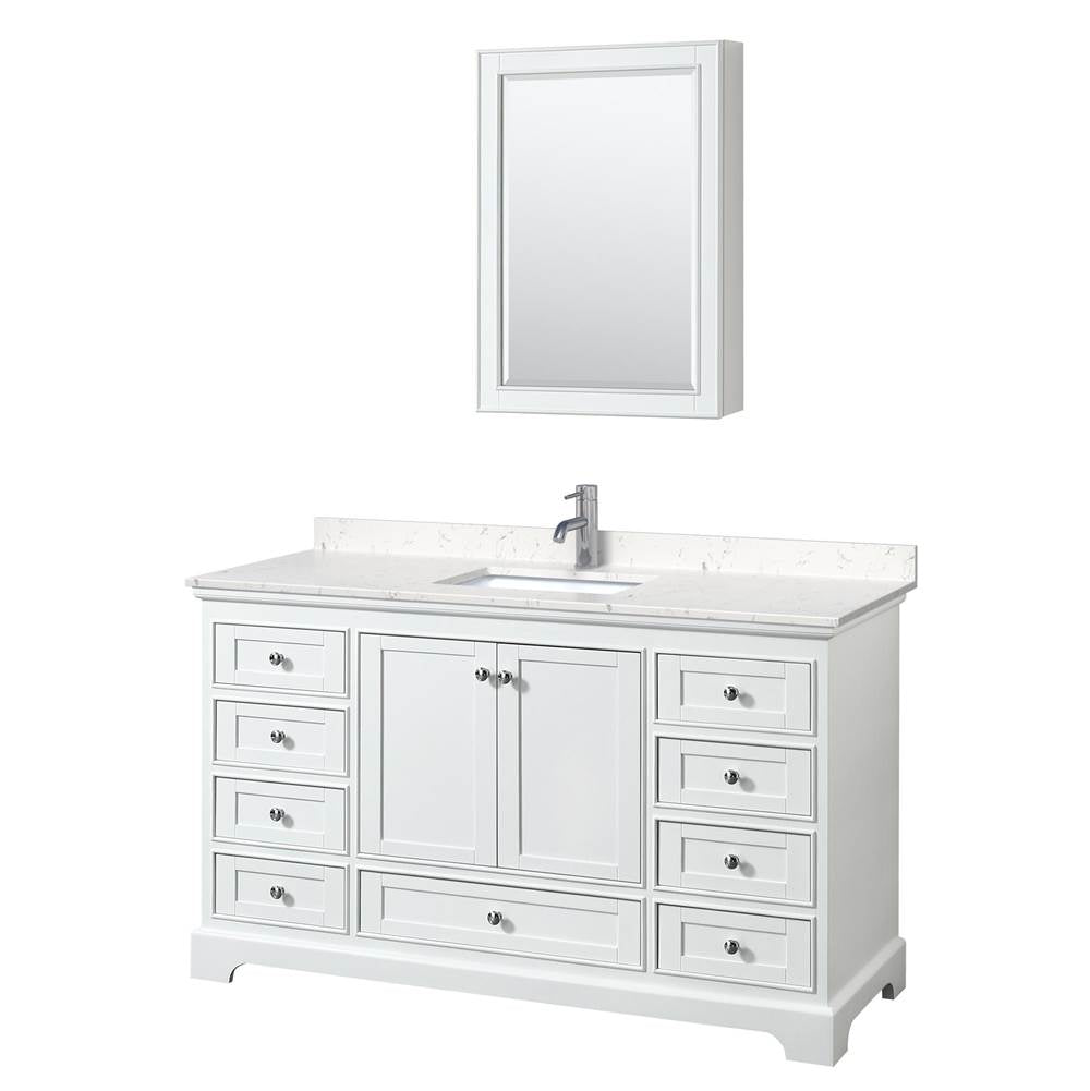 Wyndham Collection - Deborah 60 Inch Single Bathroom Vanity in White, Carrara Cultured Marble Countertop, Undermount Square Sink, Medicine Cabinet