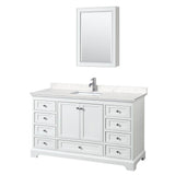 Wyndham Collection - Deborah 60 Inch Single Bathroom Vanity in White, Carrara Cultured Marble Countertop, Undermount Square Sink, Medicine Cabinet