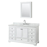 Wyndham Collection - Deborah 60 Inch Single Bathroom Vanity in White, White Carrara Marble Countertop, Undermount Oval Sink, and Medicine Cabinet - White