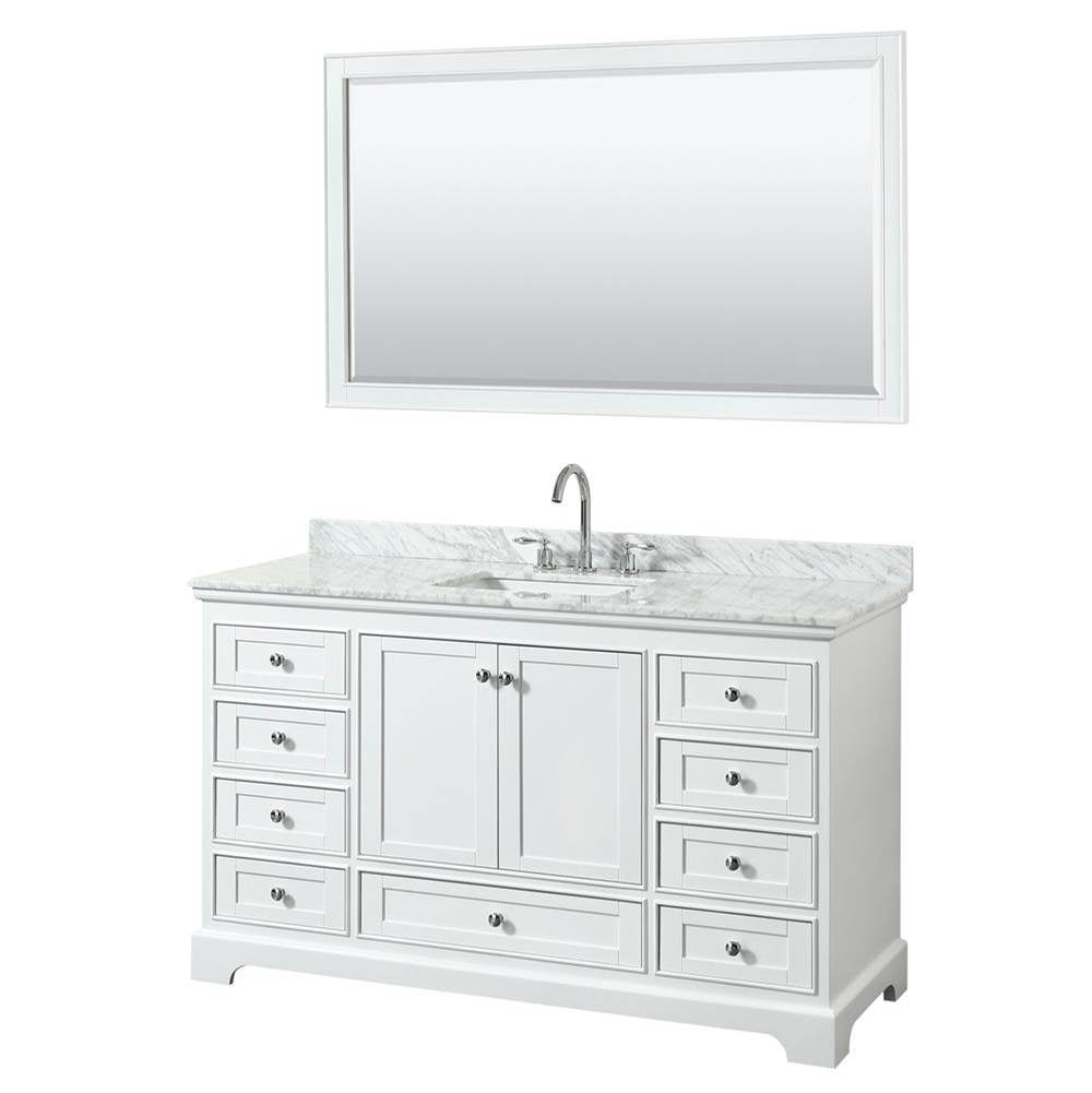 Wyndham Collection - Deborah 60 Inch Single Bathroom Vanity in White, White Carrara Marble Countertop, Undermount Square Sink, and 58 Inch Mirror - White