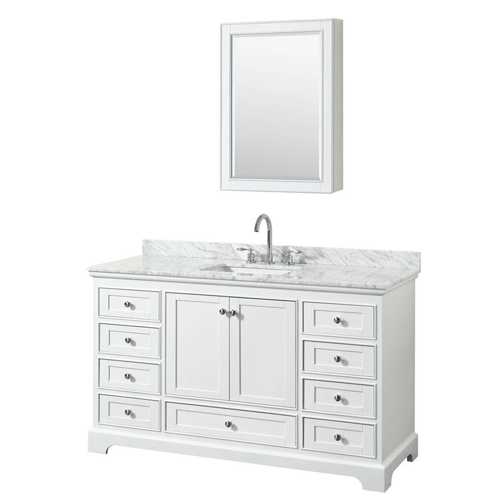 Wyndham Collection - Deborah 60 Inch Single Bathroom Vanity in White, White Carrara Marble Countertop, Undermount Square Sink, and Medicine Cabinet - White