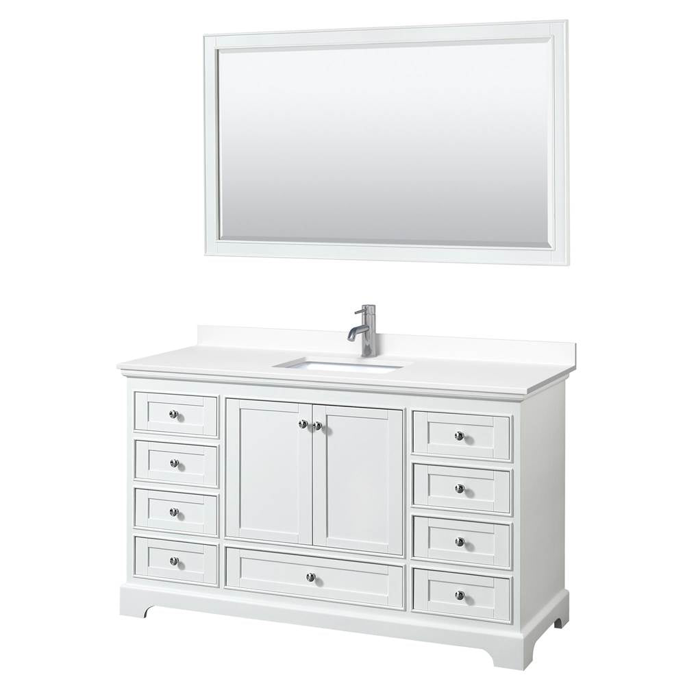 Wyndham Collection - Deborah 60 Inch Single Bathroom Vanity in White, White Cultured Marble Countertop, Undermount Square Sink, 58 Inch Mirror