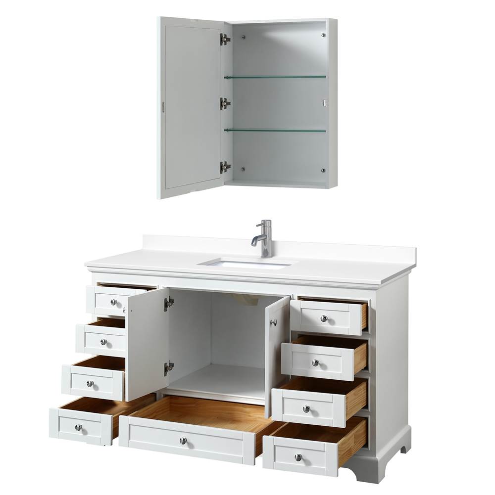 Deborah 60 Inch Single Bathroom Vanity in White, White Cultured Marble Countertop, Undermount Square Sink, Medicine Cabinet