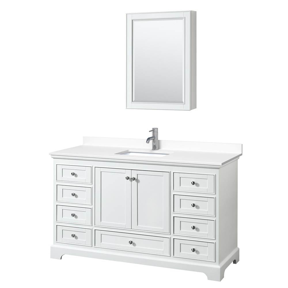 Wyndham Collection - Deborah 60 Inch Single Bathroom Vanity in White, White Cultured Marble Countertop, Undermount Square Sink, Medicine Cabinet