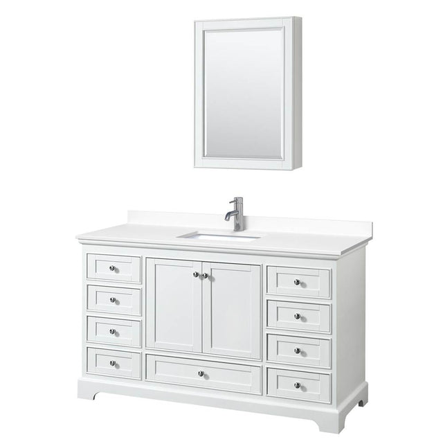 Wyndham Collection - Deborah 60 Inch Single Bathroom Vanity in White, White Cultured Marble Countertop, Undermount Square Sink, Medicine Cabinet