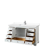 Deborah 60 Inch Single Bathroom Vanity in White, White Cultured Marble Countertop, Undermount Square Sink, No Mirror