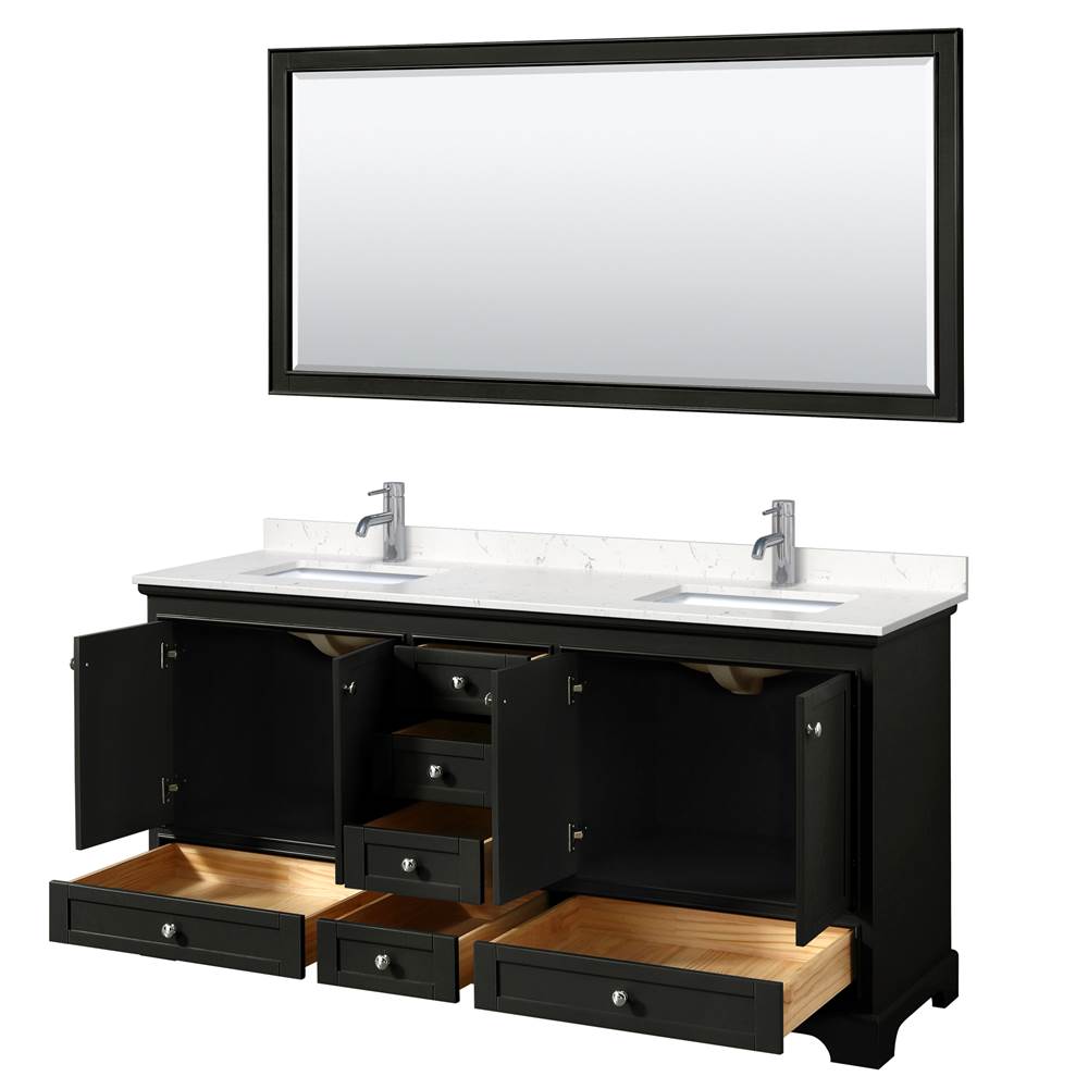 Deborah 72 Inch Double Bathroom Vanity in Dark Espresso, Carrara Cultured Marble Countertop, Undermount Square Sinks, 70 Inch Mirror
