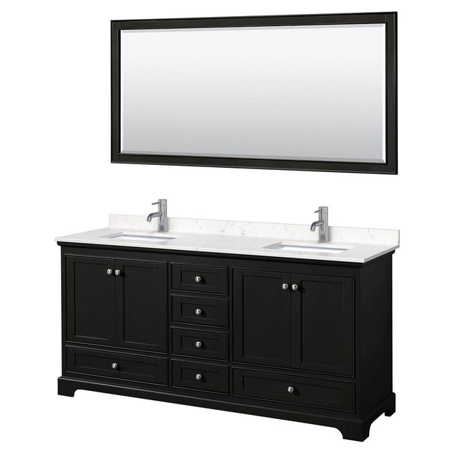 Wyndham Collection - Deborah 72 Inch Double Bathroom Vanity in Dark Espresso, Carrara Cultured Marble Countertop, Undermount Square Sinks, 70 Inch Mirror