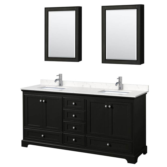 Wyndham Collection - Deborah 72 Inch Double Bathroom Vanity in Dark Espresso, Carrara Cultured Marble Countertop, Undermount Square Sinks, Medicine Cabinets