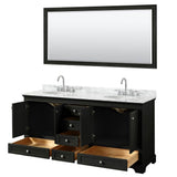 Deborah 72 Inch Double Bathroom Vanity in Dark Espresso, White Carrara Marble Countertop, Undermount Oval Sinks, and 70 Inch Mirror