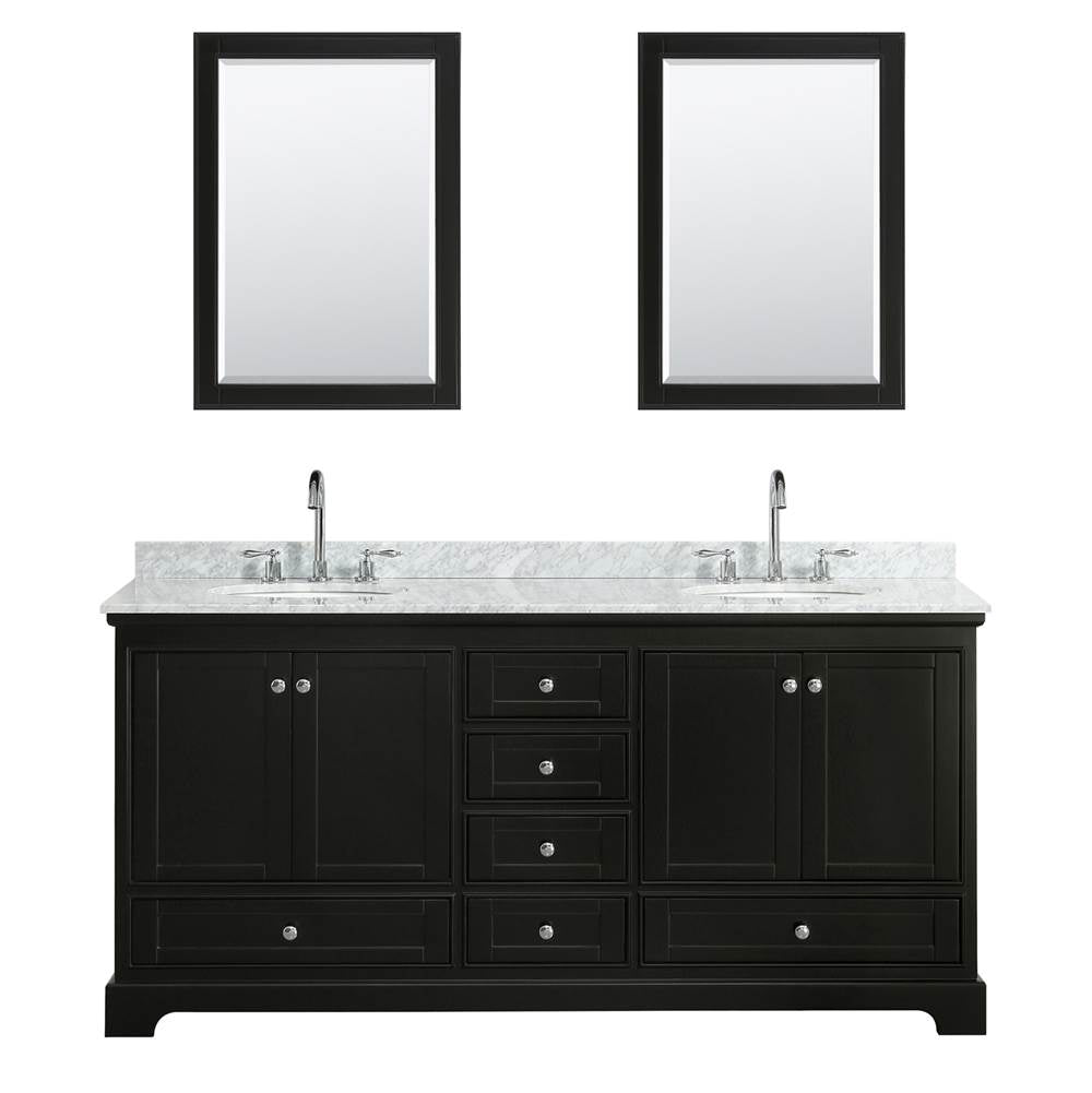 Deborah 72 Inch Double Bathroom Vanity in Dark Espresso, White Carrara Marble Countertop, Undermount Oval Sinks, and Medicine Cabinets