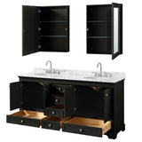 Deborah 72 Inch Double Bathroom Vanity in Dark Espresso, White Carrara Marble Countertop, Undermount Oval Sinks, and Medicine Cabinets