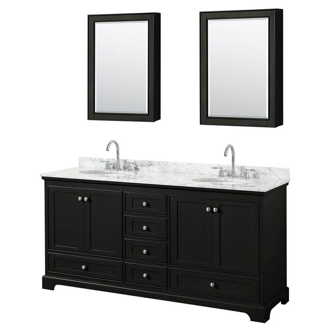 Wyndham Collection - Deborah 72 Inch Double Bathroom Vanity in Dark Espresso, White Carrara Marble Countertop, Undermount Oval Sinks, and Medicine Cabinets - Dark Espresso