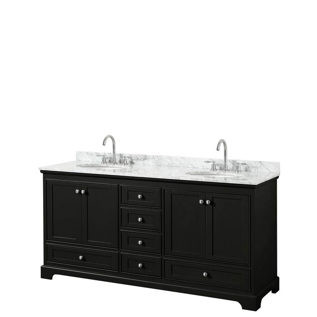 Wyndham Collection - Deborah 72 Inch Double Bathroom Vanity in Dark Espresso, White Carrara Marble Countertop, Undermount Oval Sinks, and No Mirrors - Dark Espresso
