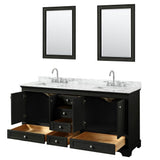 Deborah 72 Inch Double Bathroom Vanity in Dark Espresso, White Carrara Marble Countertop, Undermount Square Sinks, and 24 Inch Mirrors