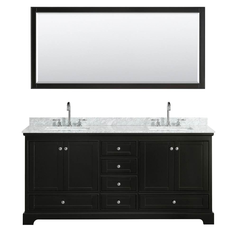 Deborah 72 Inch Double Bathroom Vanity in Dark Espresso, White Carrara Marble Countertop, Undermount Square Sinks, and 70 Inch Mirror