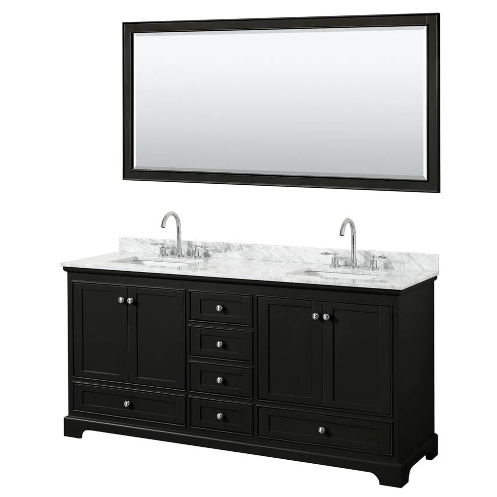 Wyndham Collection - Deborah 72 Inch Double Bathroom Vanity in Dark Espresso, White Carrara Marble Countertop, Undermount Square Sinks, and 70 Inch Mirror - Dark Espresso