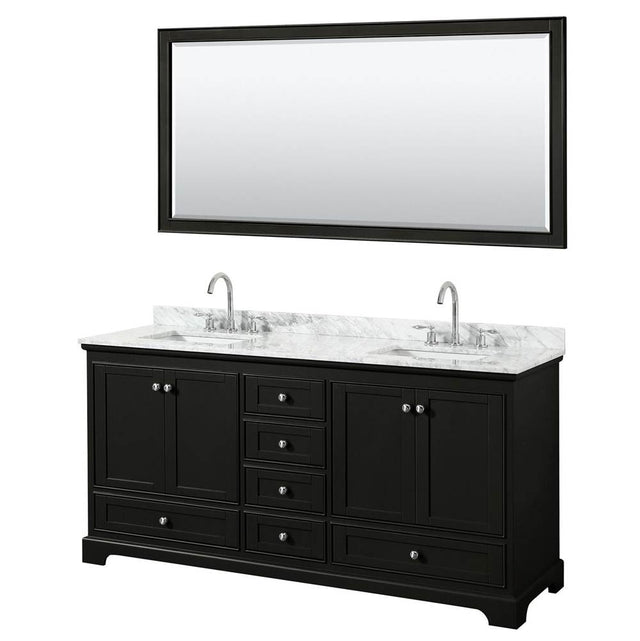 Wyndham Collection - Deborah 72 Inch Double Bathroom Vanity in Dark Espresso, White Carrara Marble Countertop, Undermount Square Sinks, and 70 Inch Mirror - Dark Espresso