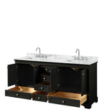 Deborah 72 Inch Double Bathroom Vanity in Dark Espresso, White Carrara Marble Countertop, Undermount Square Sinks, and No Mirrors