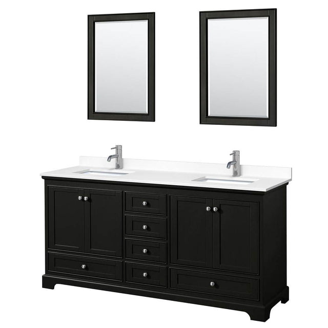 Wyndham Collection - Deborah 72 Inch Double Bathroom Vanity in Dark Espresso, White Cultured Marble Countertop, Undermount Square Sinks, 24 Inch Mirrors
