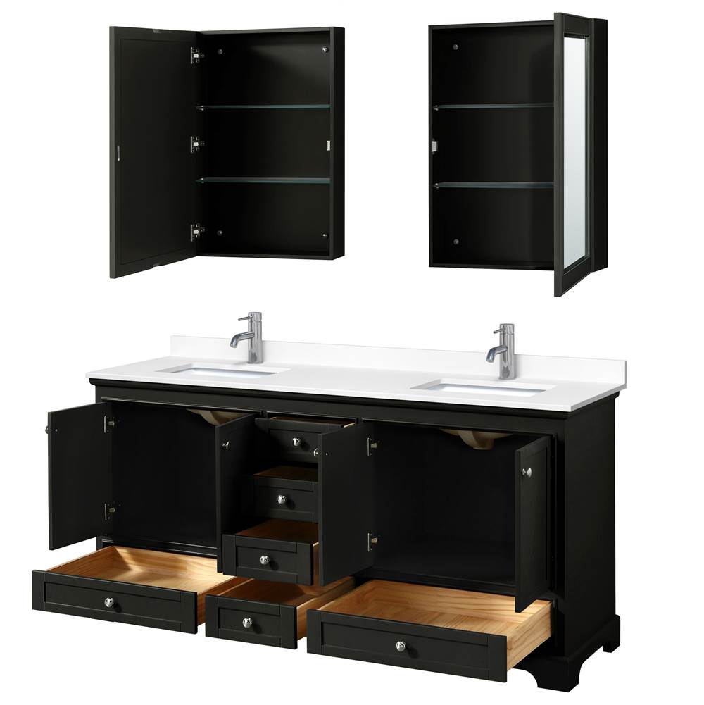 Deborah 72 Inch Double Bathroom Vanity in Dark Espresso, White Cultured Marble Countertop, Undermount Square Sinks, Medicine Cabinets