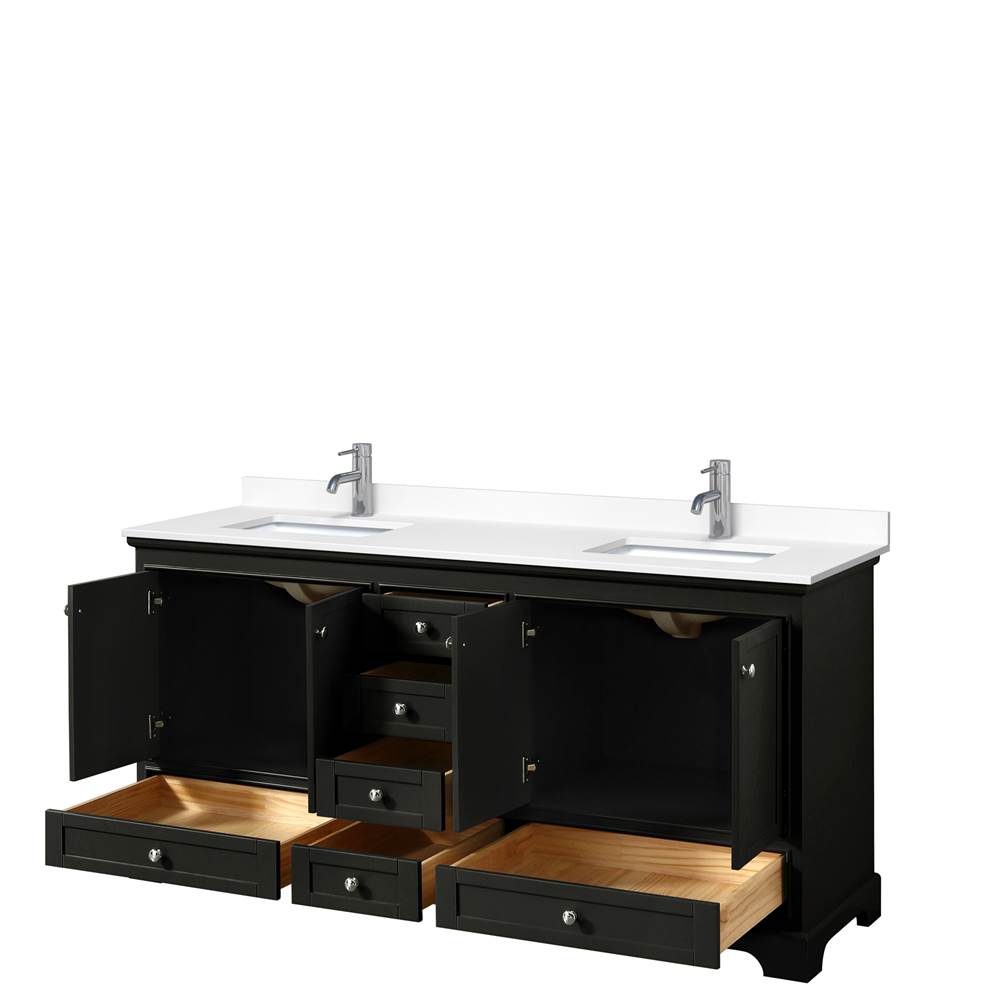Deborah 72 Inch Double Bathroom Vanity in Dark Espresso, White Cultured Marble Countertop, Undermount Square Sinks, No Mirrors