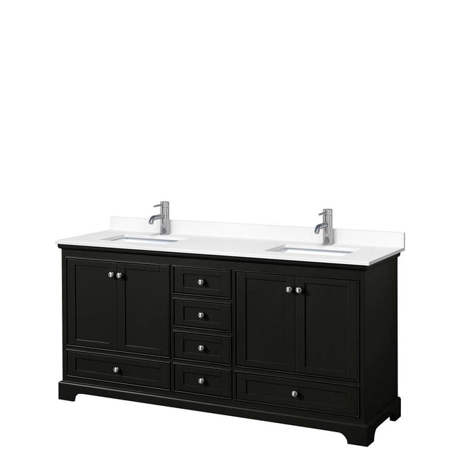 Wyndham Collection - Deborah 72 Inch Double Bathroom Vanity in Dark Espresso, White Cultured Marble Countertop, Undermount Square Sinks, No Mirrors