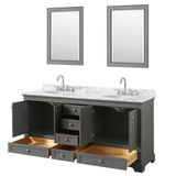 Deborah 72 Inch Double Bathroom Vanity in Dark Espresso, White Carrara Marble Countertop, Undermount Oval Sinks, and 24 Inch Mirrors