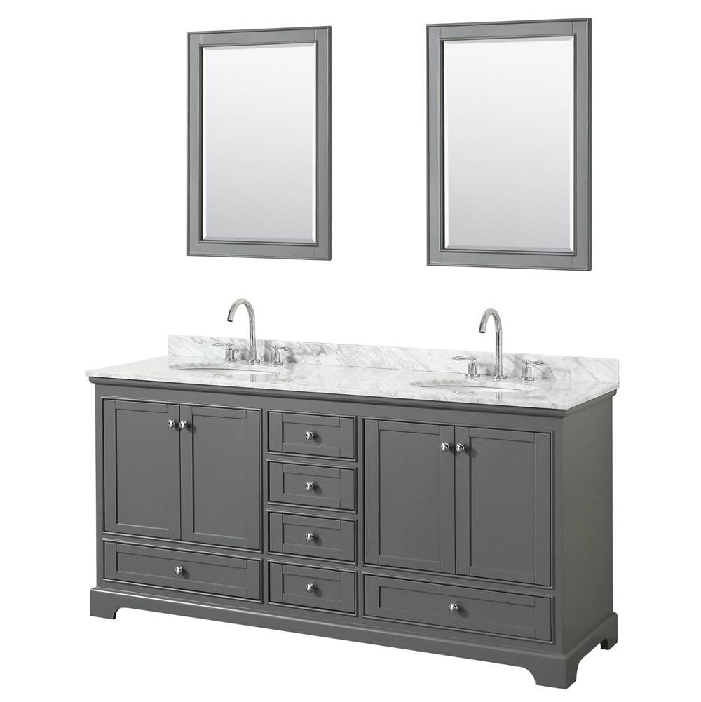 Wyndham Collection - Deborah 72 Inch Double Bathroom Vanity in Dark Gray, White Carrara Marble Countertop, Undermount Oval Sinks, and 24 Inch Mirrors - Dark Gray