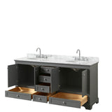Deborah 72 Inch Double Bathroom Vanity in Dark Espresso, White Carrara Marble Countertop, Undermount Oval Sinks, and No Mirrors