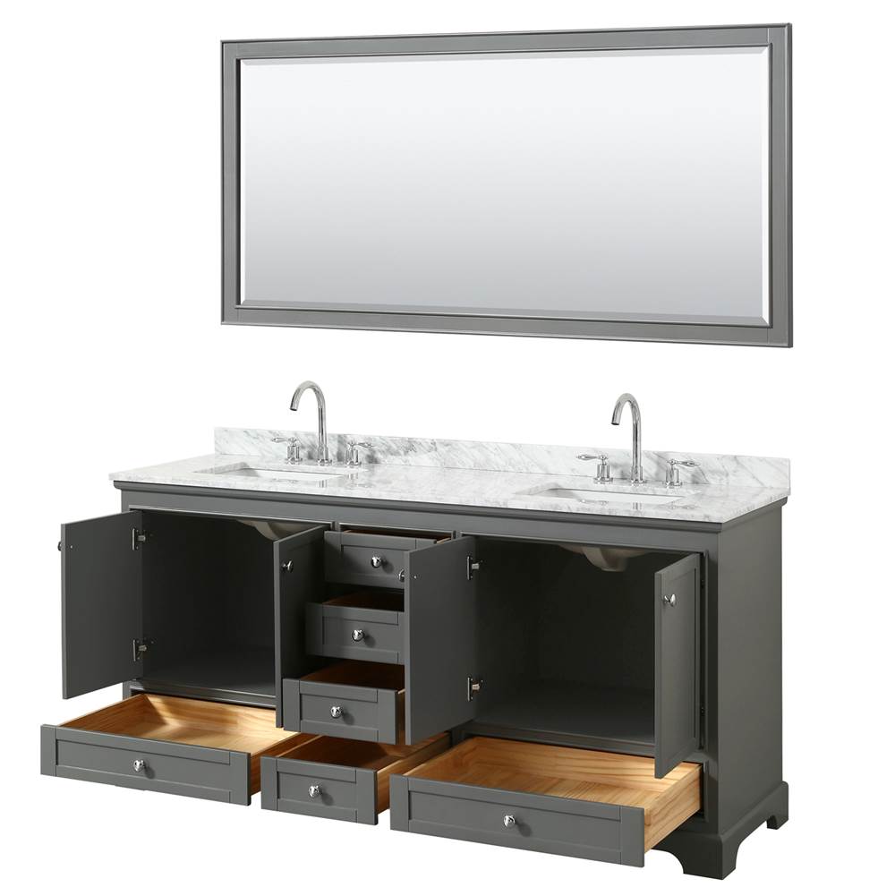Deborah 72 Inch Double Bathroom Vanity in Dark Espresso, White Carrara Marble Countertop, Undermount Square Sinks, and 70 Inch Mirror
