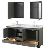 Deborah 72 Inch Double Bathroom Vanity in Dark Espresso, White Carrara Marble Countertop, Undermount Square Sinks, and Medicine Cabinets