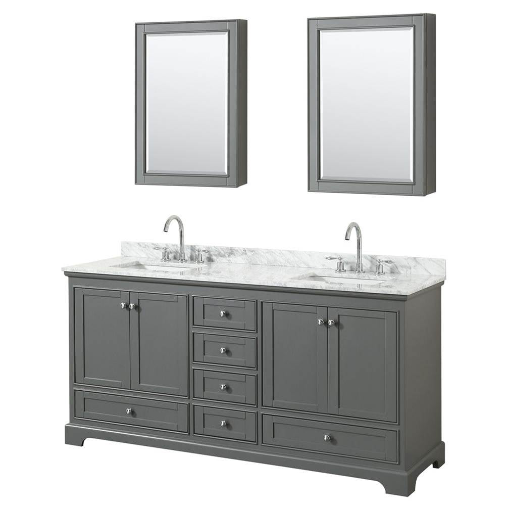 Wyndham Collection - Deborah 72 Inch Double Bathroom Vanity in Dark Gray, White Carrara Marble Countertop, Undermount Square Sinks, and Medicine Cabinets - Dark Gray