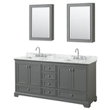 Wyndham Collection - Deborah 72 Inch Double Bathroom Vanity in Dark Gray, White Carrara Marble Countertop, Undermount Square Sinks, and Medicine Cabinets - Dark Gray
